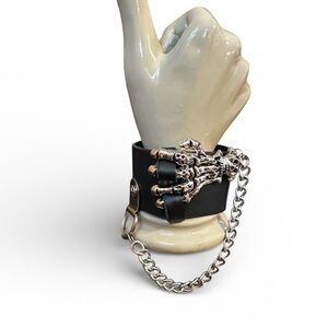 Black Leather Bracelet with Skeleton Hand and Chain
